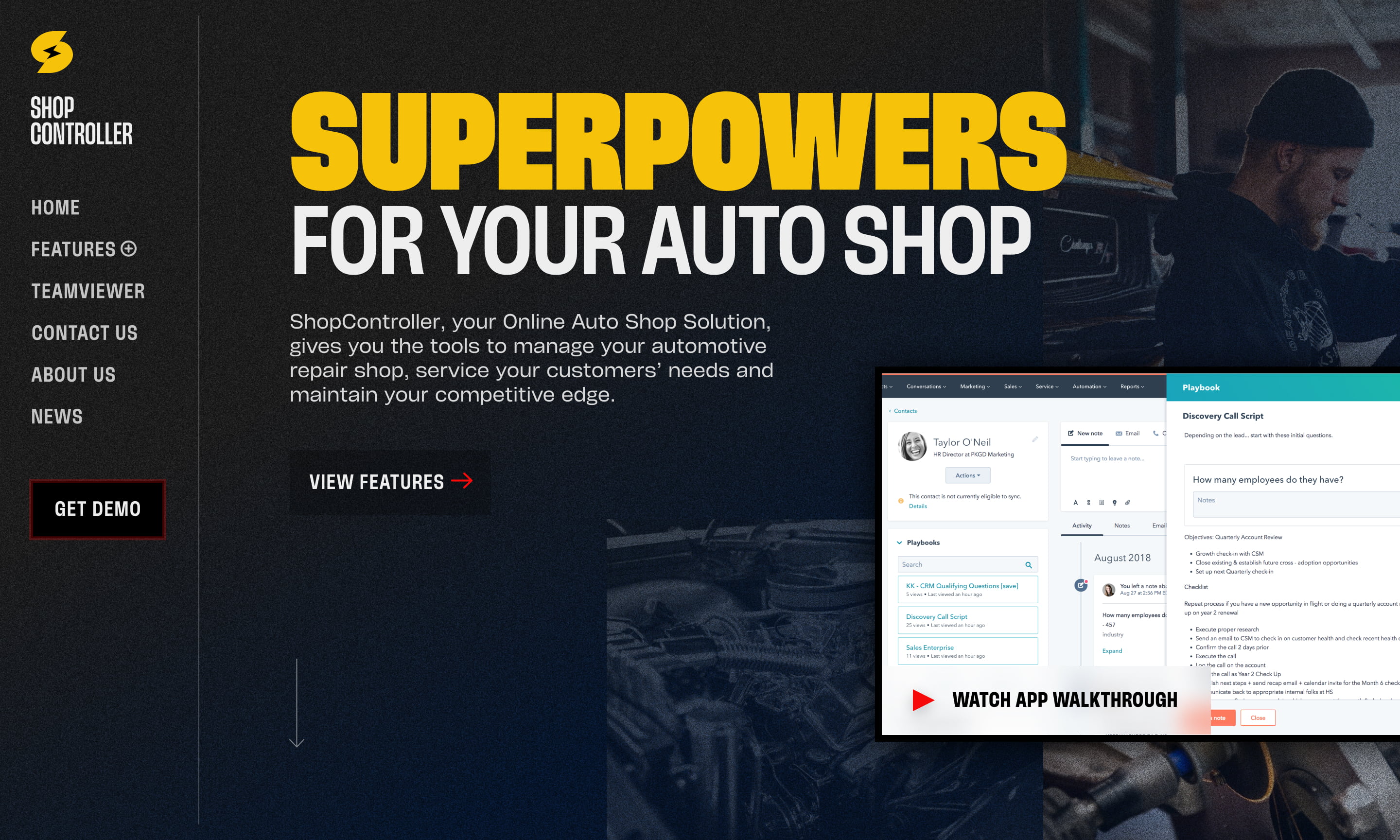 A website for an auto shop with a man in a black shirt and hat. The website features a Super Powers for Your Auto Shop advertisement.