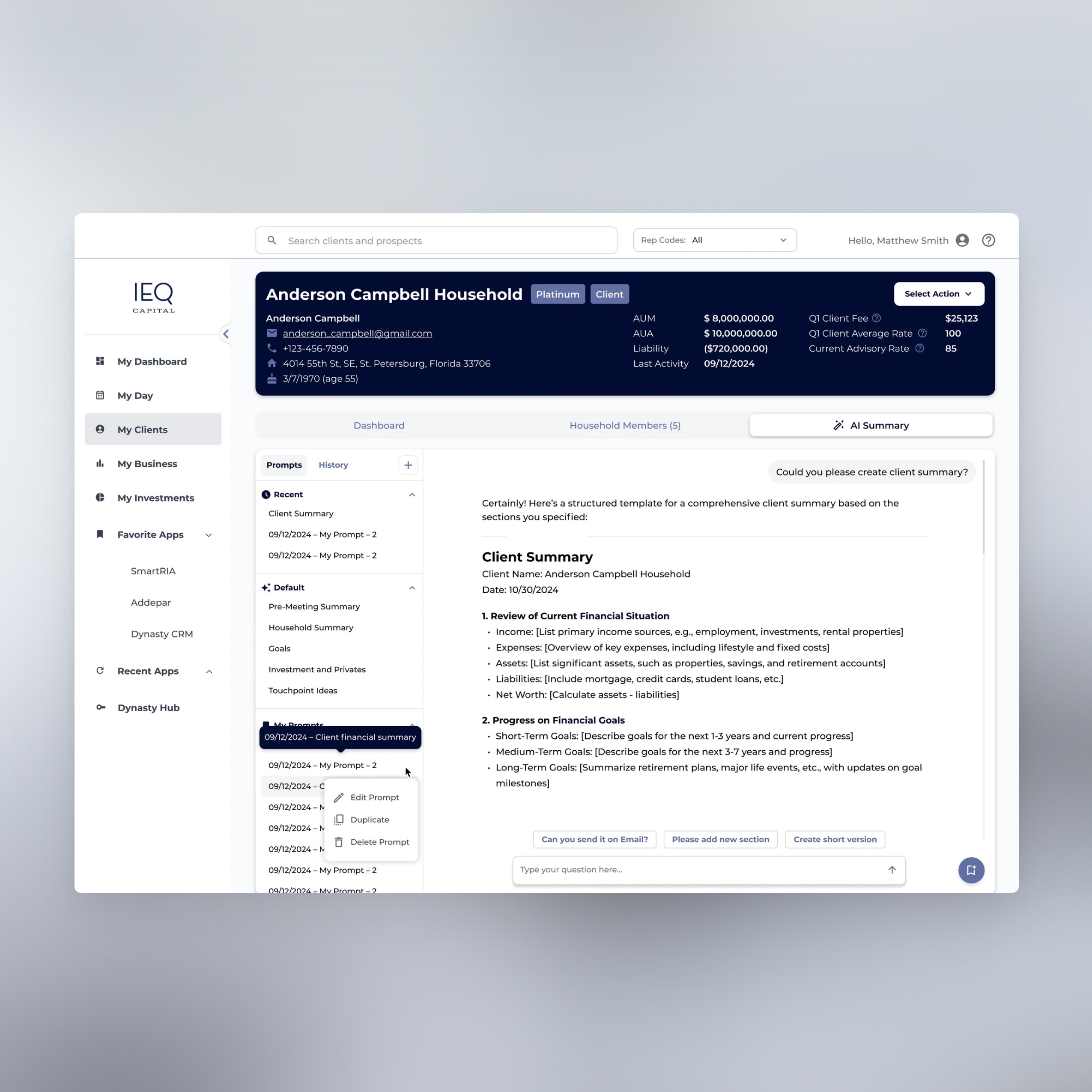 Financial planning software dashboard with client profile details, asset totals, liabilities, and AI‑generated financial summary.