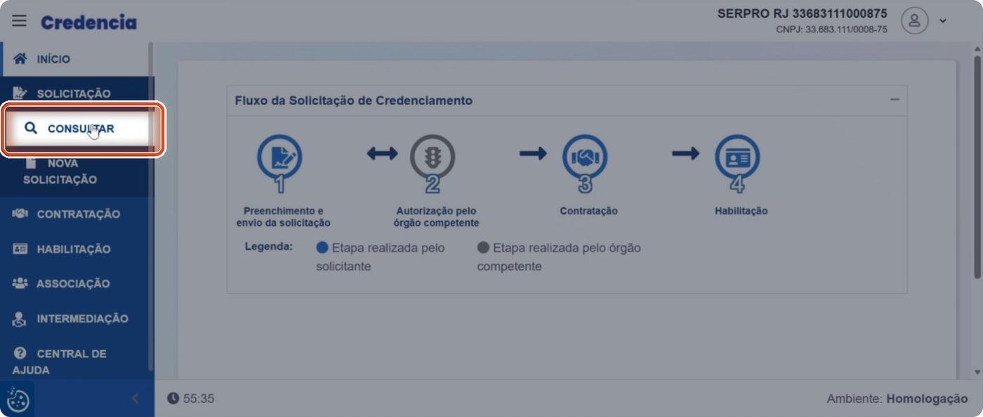 Captura de tela de referência do Credencia para Passo 1 — Clique em Consultar no menu Solicitação. Contexto: 35 — Como acompanhar sua solicitação no Credencia.