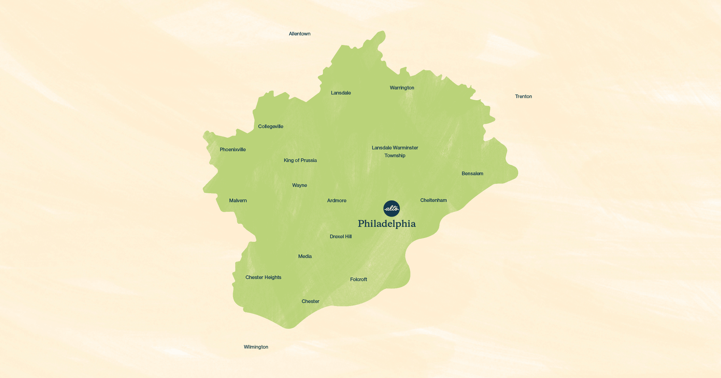 Map highlighting the Alto Pharmacy Philadelphia service area in green, labeled “Philadelphia” at the center, with surrounding towns marked including King of Prussia, Lansdale, Warrington, Bensalem, Cheltenham, Ardmore, Media, Chester, Phoenixville, Collegeville, Malvern, Wayne, Drexel Hill, Folcroft, and nearby cities such as Trenton, Allentown, and Wilmington outside the shaded area.