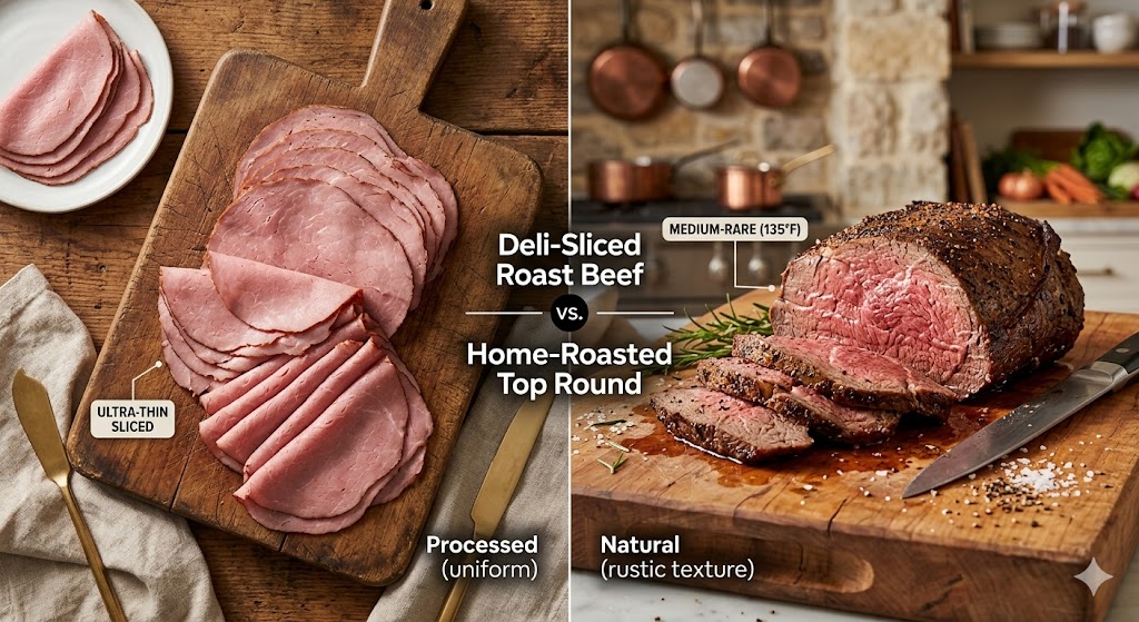 A side-by-side comparison of deli-sliced roast beef and freshly home-roasted top round beef on a wooden cutting board with garlic and herbs.