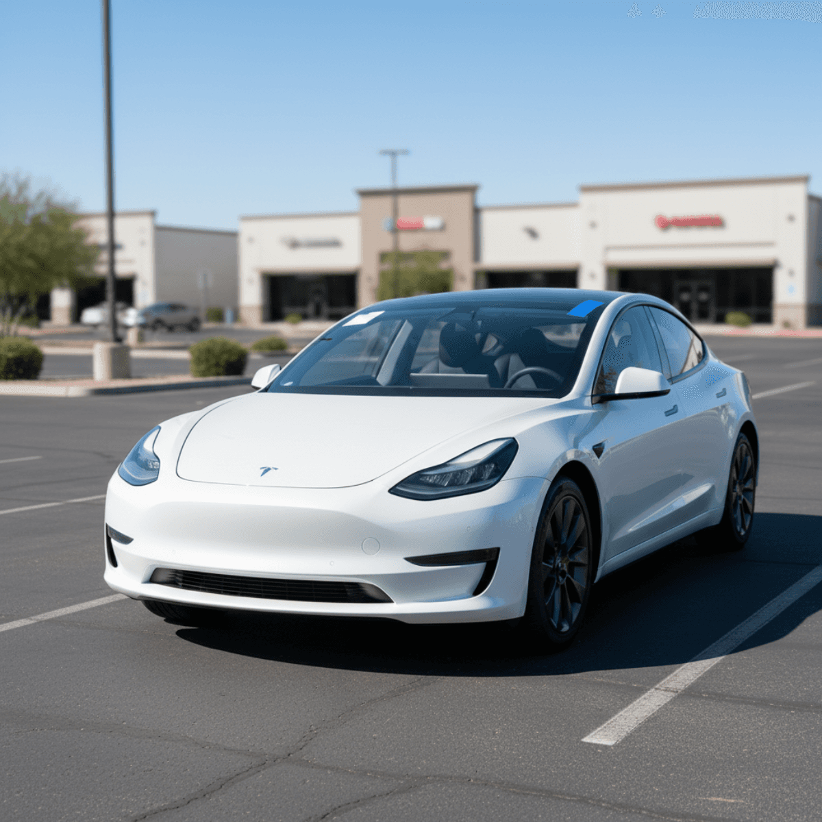 Bang AutoGlass‑serviced white sedan parked in a Phoenix business parking lot after a completed front windshield replacement.
