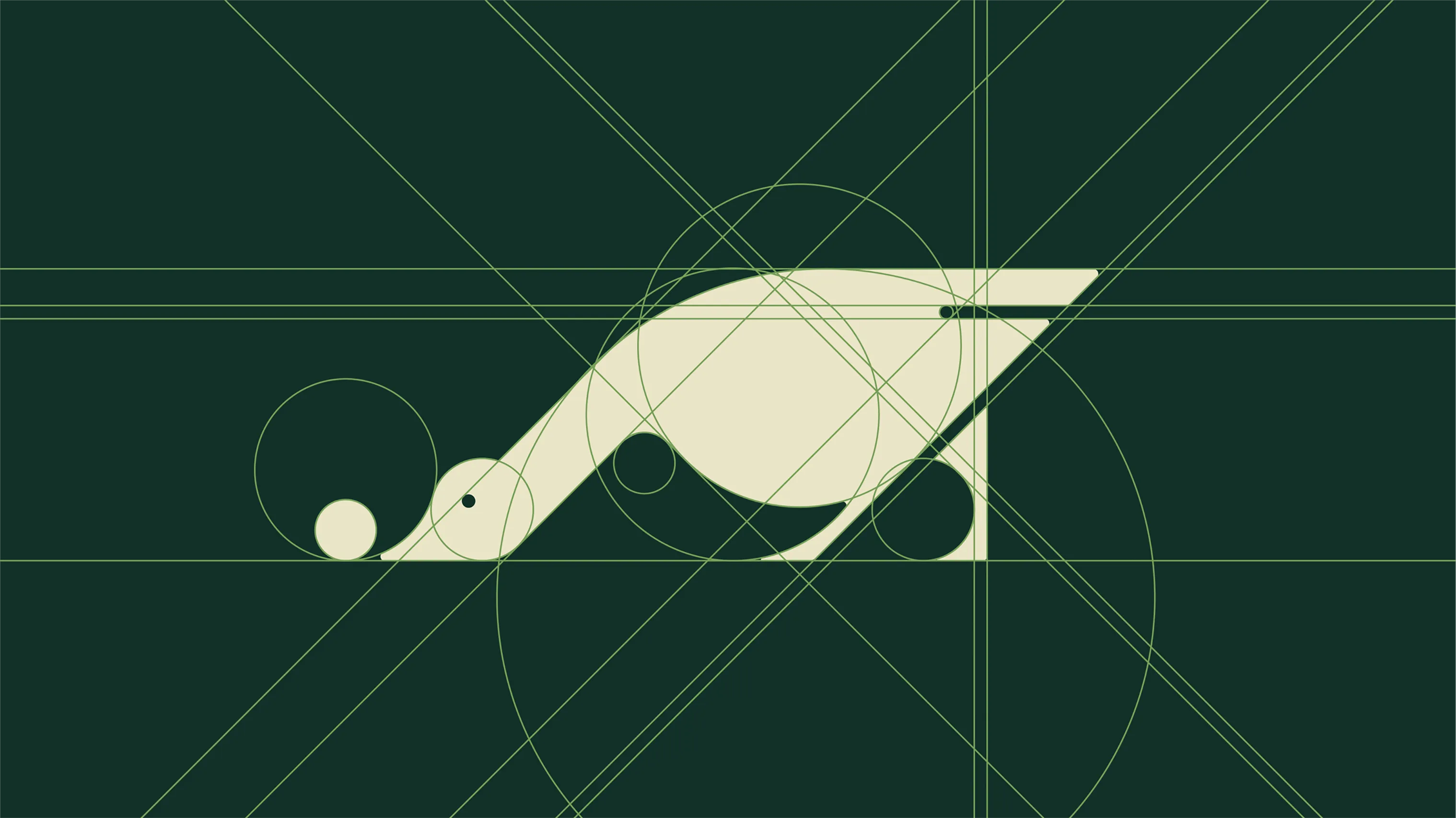 Mudball logo geometric white brand mark under construction on a dark green design grid