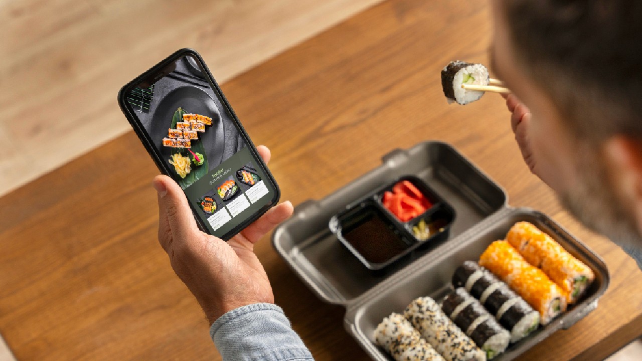 High angle man with sushi order