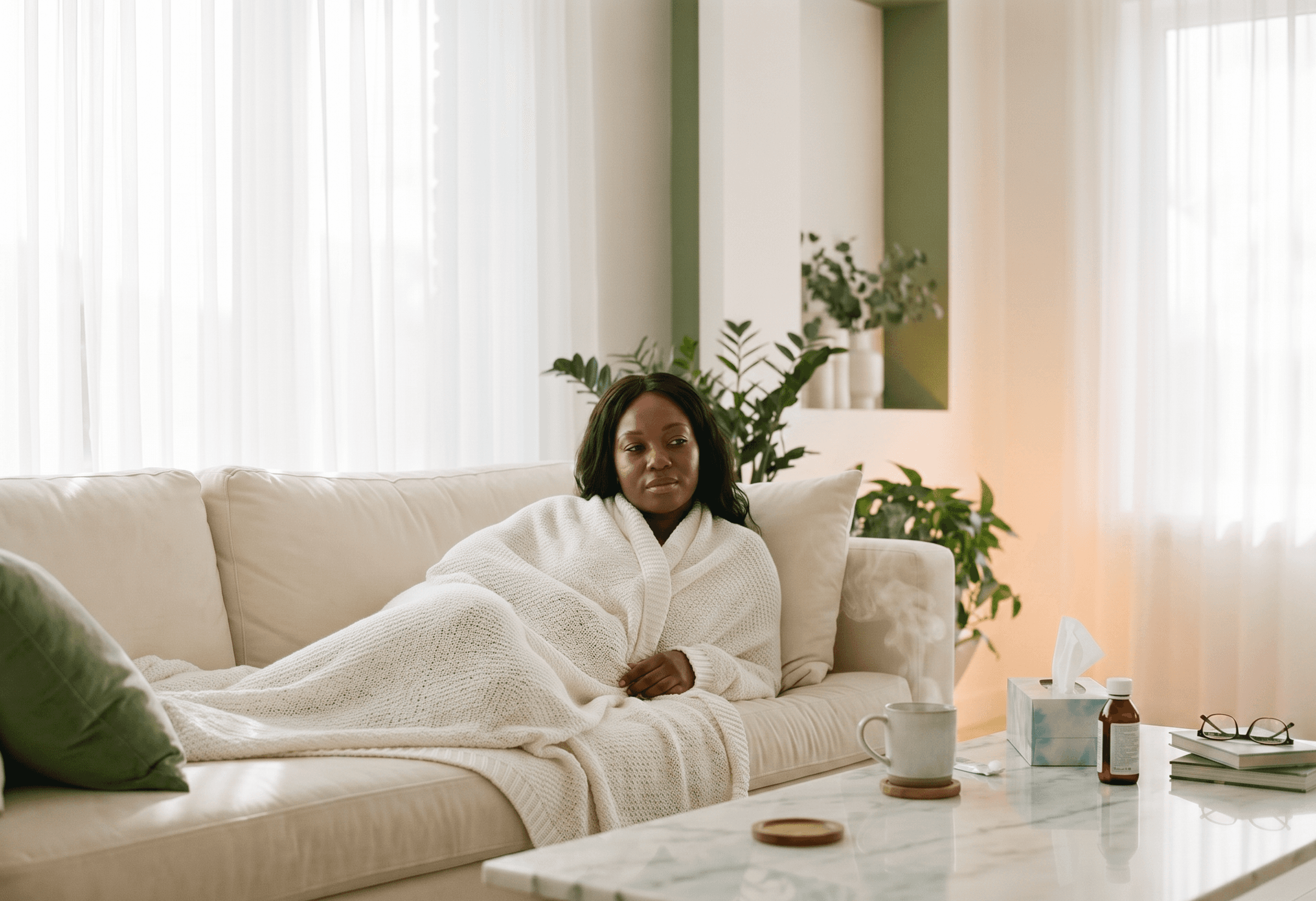 A dark skinned lady recovering from cold, flu, or allergy symptoms at home in a luxury setting.