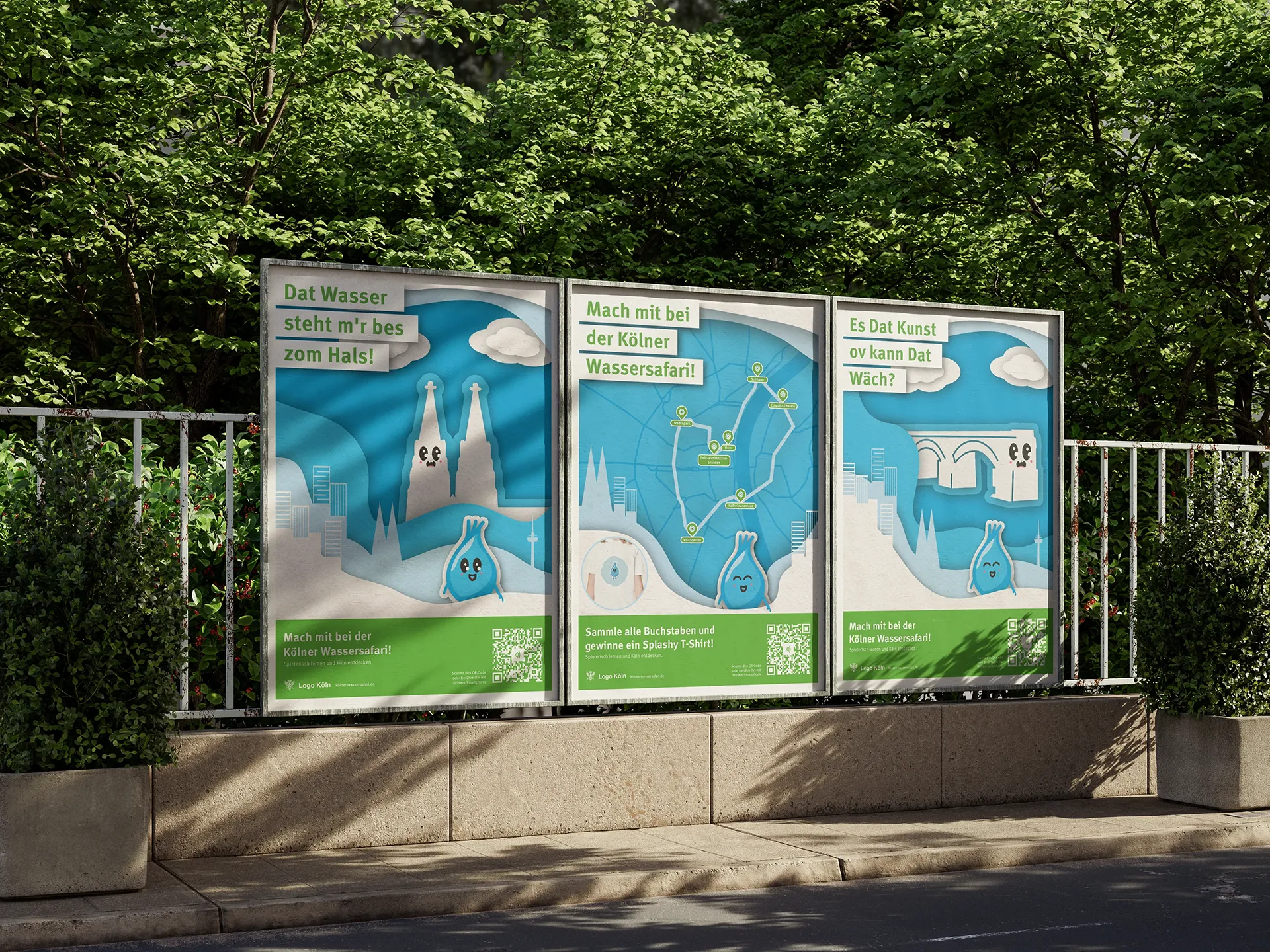 Plakatwand mit Plakaten der Augmented Reality Kampagne Kölner Wasser Safari