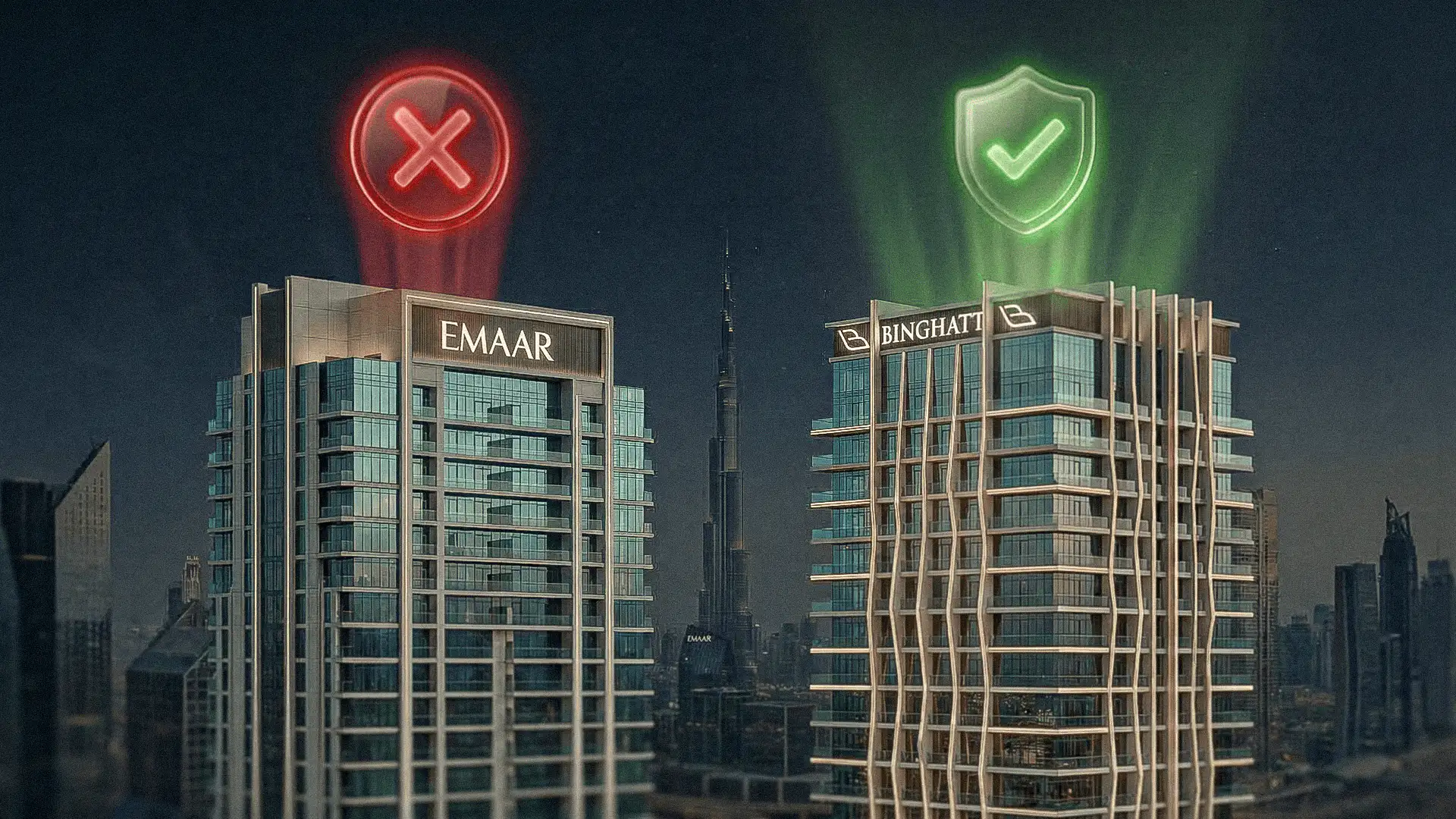 Edificios de promotoras inmobiliarias destacando elección de inversión en Dubái.