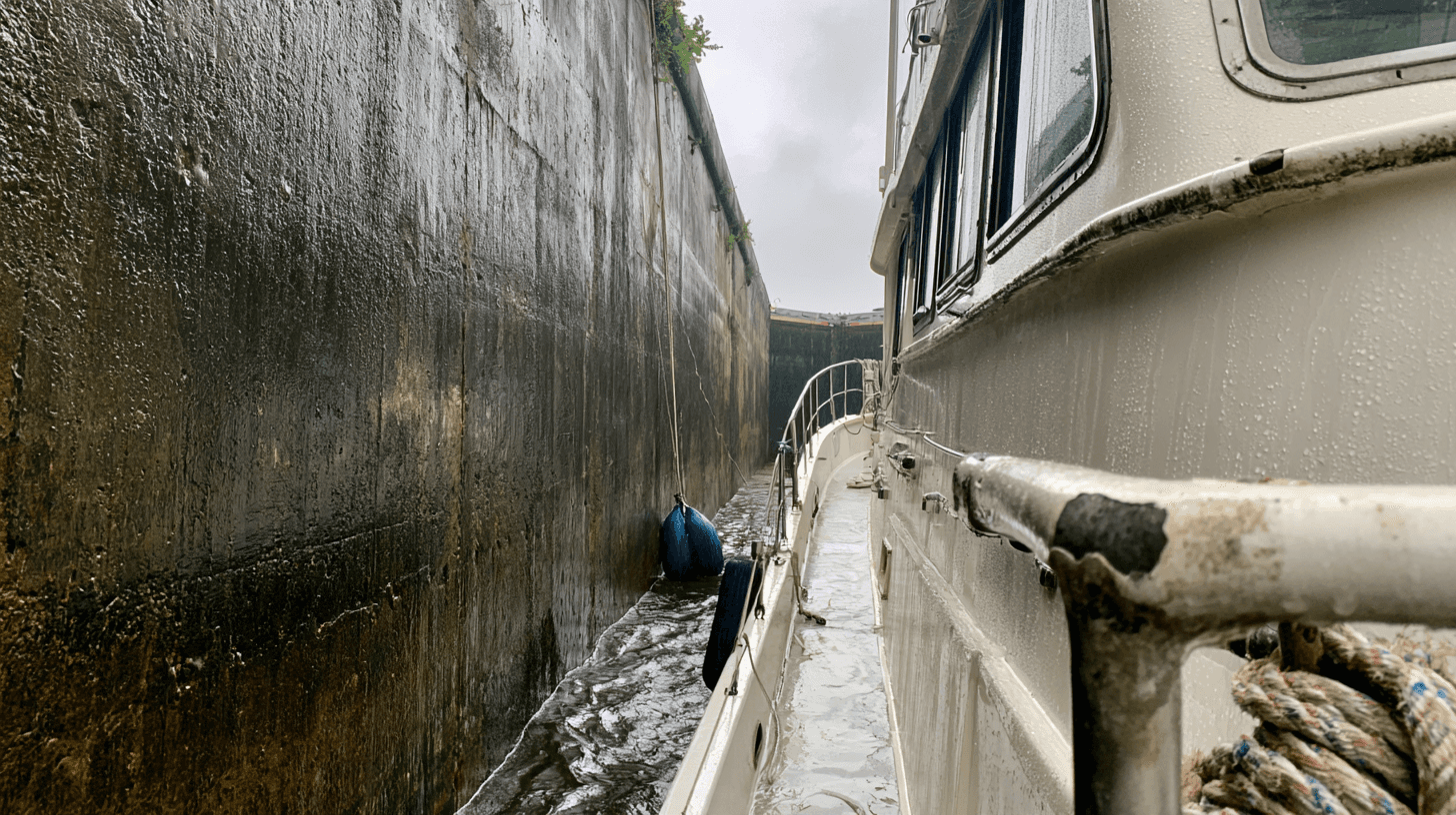 A line running up a wet concrete lock wall from a boat's side deck, with fenders against the wall and the lock gates closed ahead