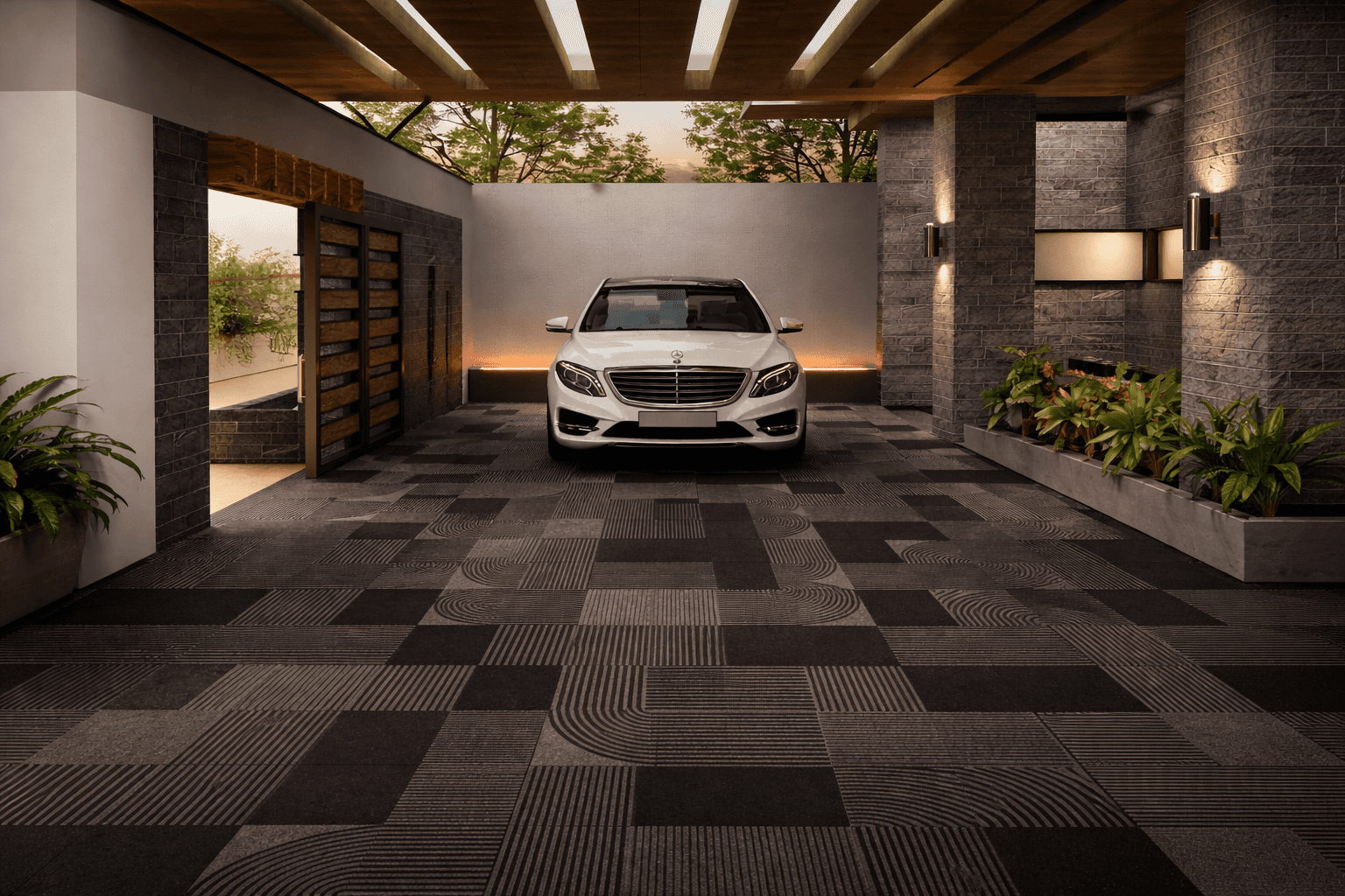 Gazelle stone paving installed in modern residential driveway with geometric patterned flooring
