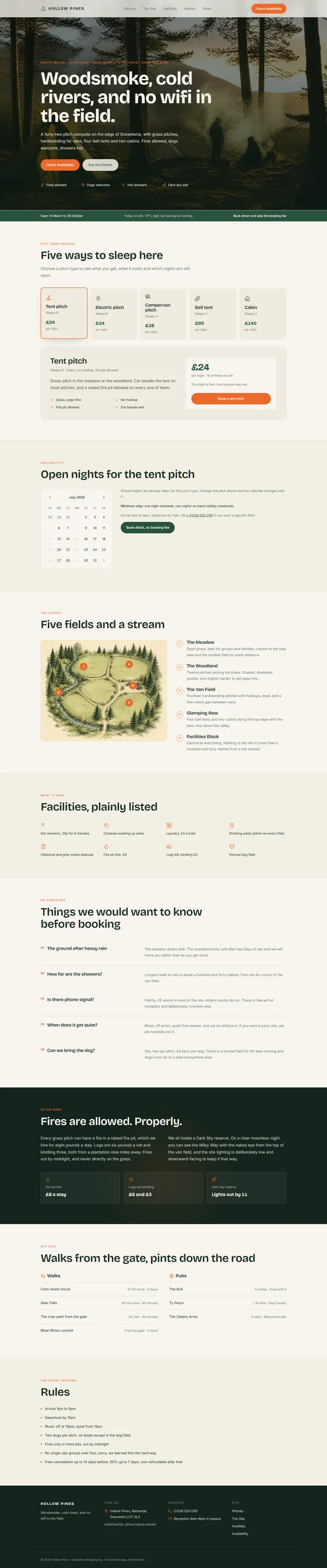 Full campground website design: woodland hero, pitch types, site map, facilities, campfire rules
