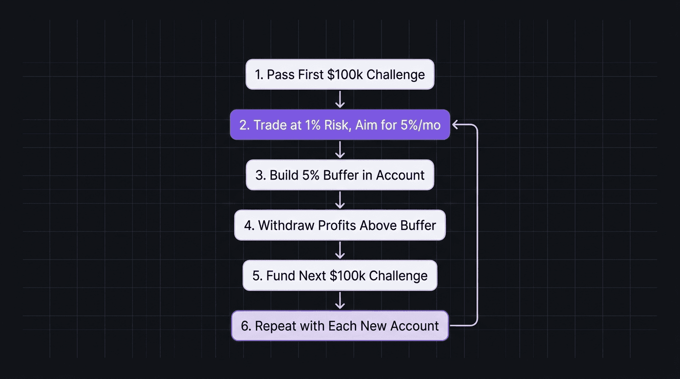 Flowchart showing the reinvestment flywheel from first payout to fourth funded account