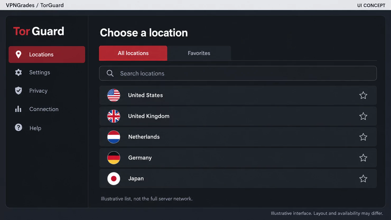 TorGuard: a location picker concept (illustration).