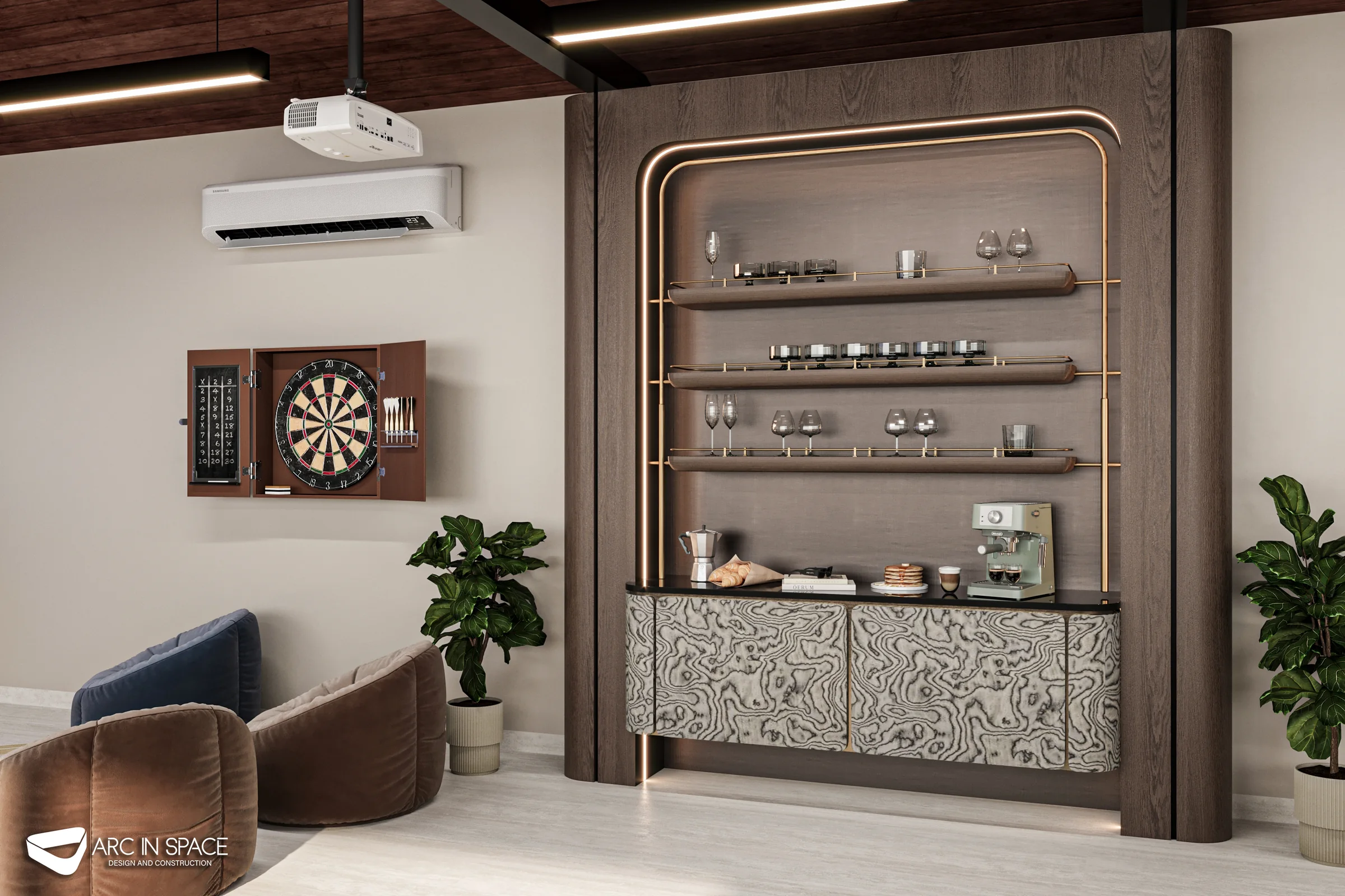 Custom bar cabinetry and games area in the Abu Dhabi rooftop family lounge.