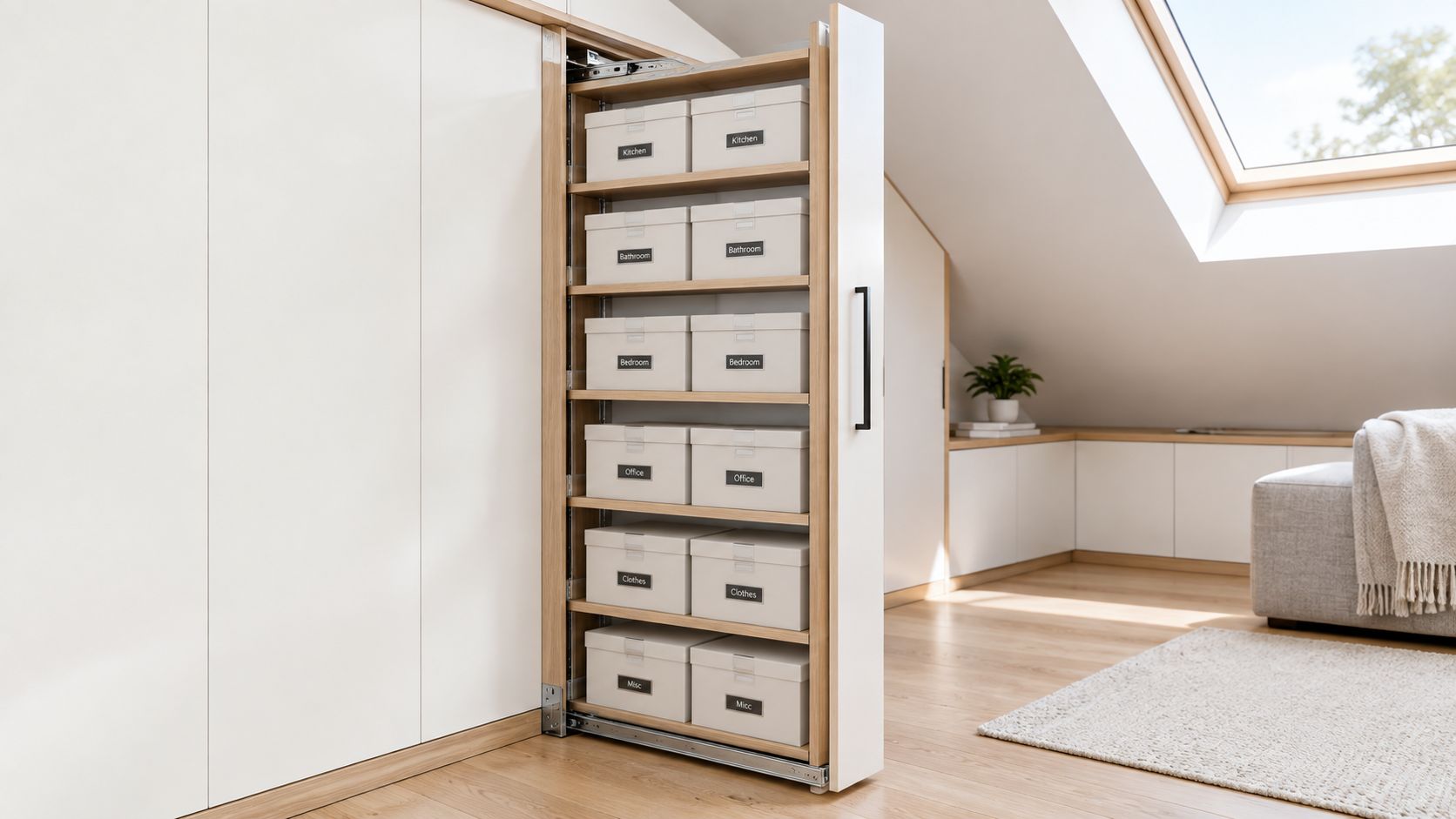 A modern slide-out tall pantry cabinet with labeled storage boxes organized by room category in a bright loft.