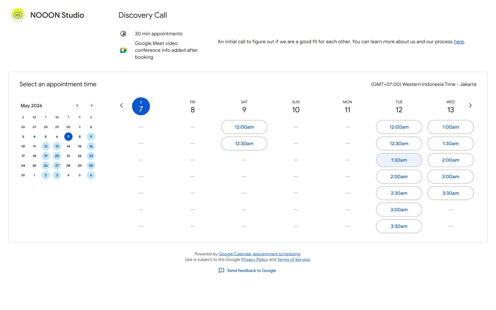 Calendar interface with dates and times. Month view shows May 2023, selected date is 7th. Times listed for selection in GMT+7. Text: "NOOON...