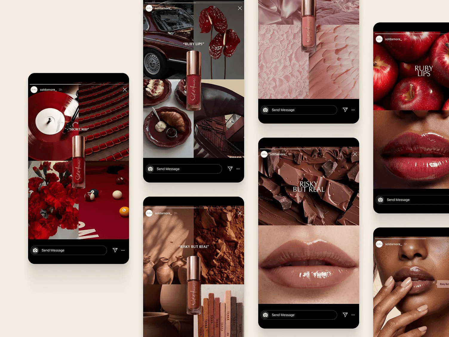 Sol d'Amore Instagram Stories built from concepts: ruby apples, dark chocolate and glossy lips