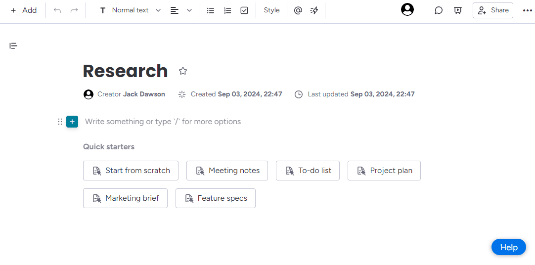 Monday doc giving users the option to create new project plans, to-do list, marketing briefs, etc, in a Google doc-like environment.