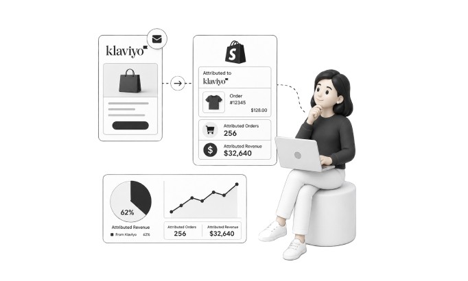 Illustration of Shopify marketing attribution showing Klaviyo email and SMS engagement connected with customer touchpoints