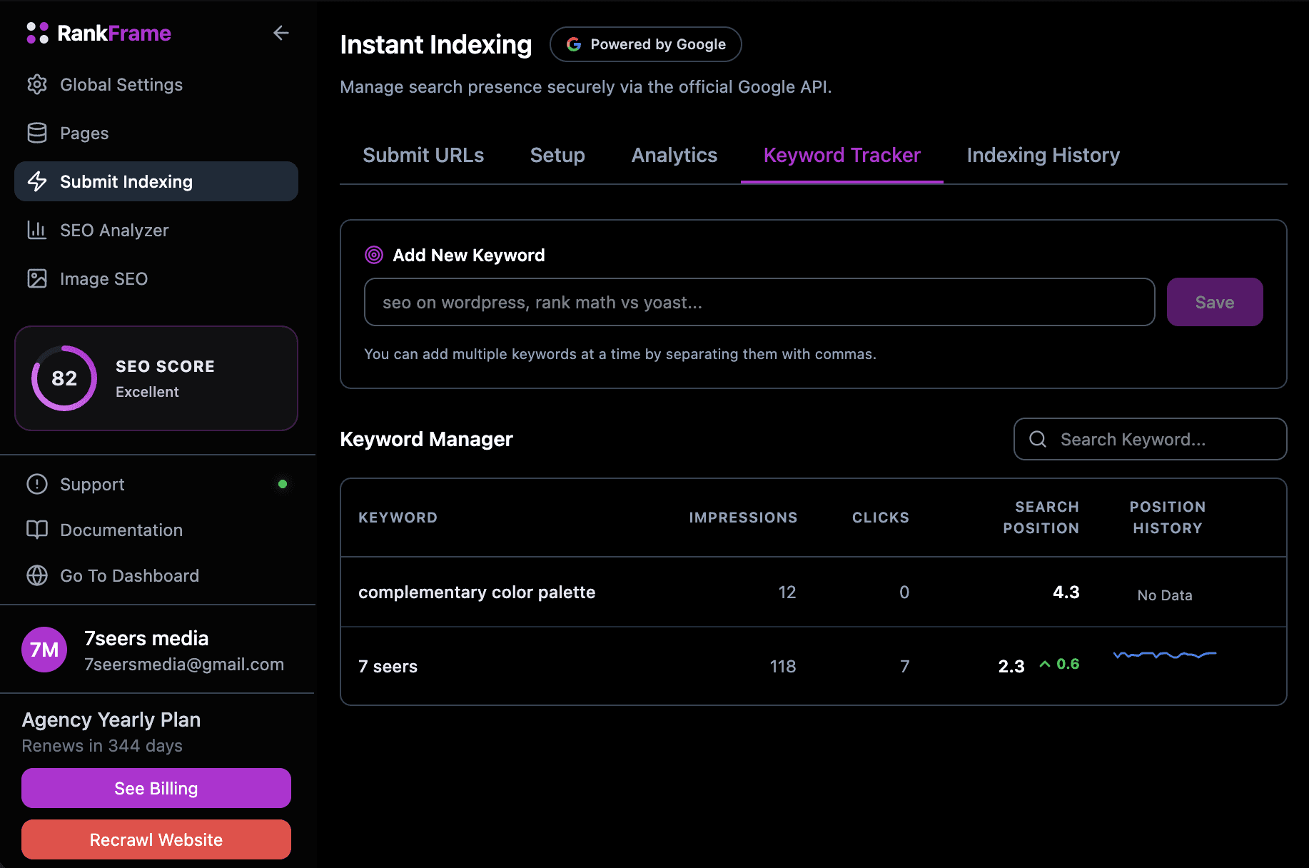 Adding keywords to tracker in RankFrame
