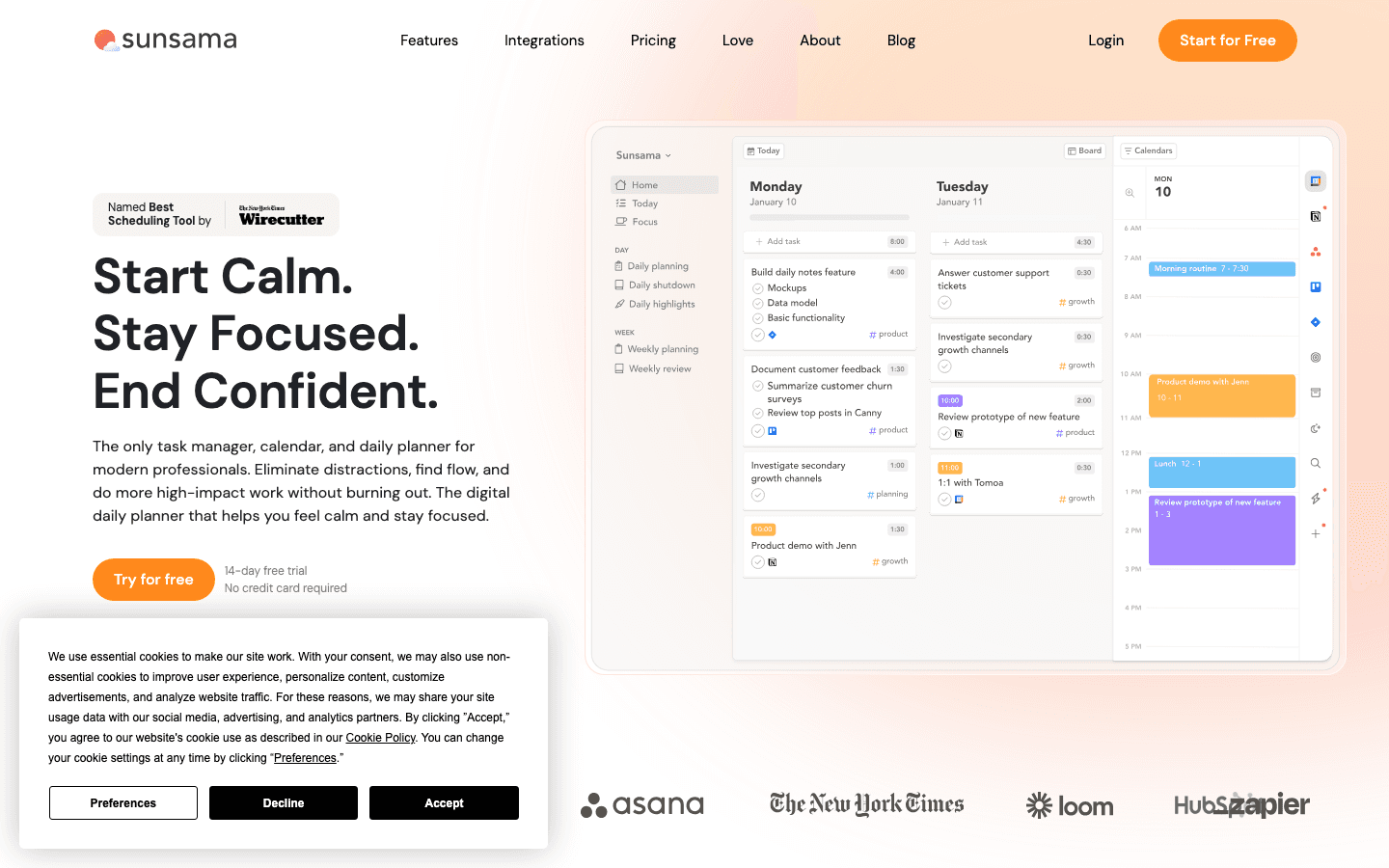 Sunsama daily planning interface