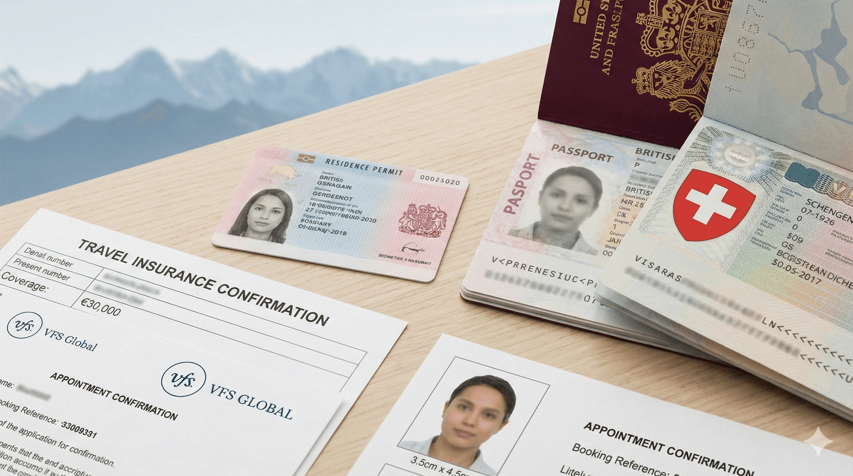 Switzerland Schengen visa application documents including passport, travel insurance certificate, UK residence permit and Share code for non-EU nationals applying from United Kingdom