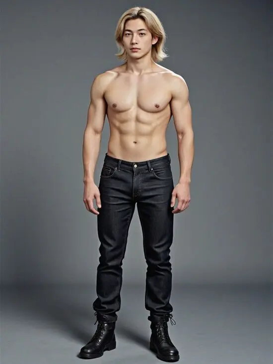 Strong muscle man in jeans, created by an AI muscle generator