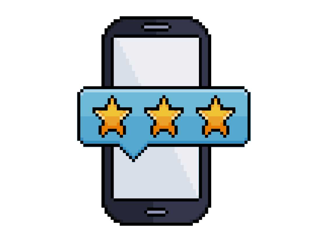 Black pixel smartphone displaying a 3/3-star rating.