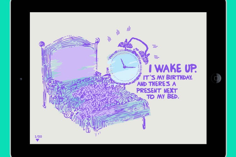A digital drawing on a light beige background shows a purple bed with a clock face above it. The text “I WAKE UP. IT’S MY BIRTHDAY. AND THERE’S A PRESENT NEXT TO MY BED.” is written in purple text. Below the bed, “1/20” is written in purple with a downward arrow.