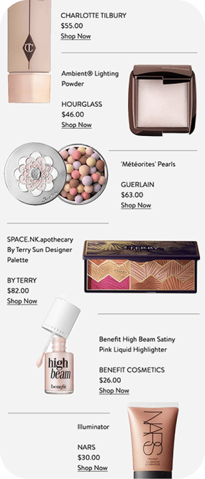 Nordstrom beauty products including Charlotte Tilbury, Hourglass, Guerlain, By Terry, Benefit and NARS highlighters