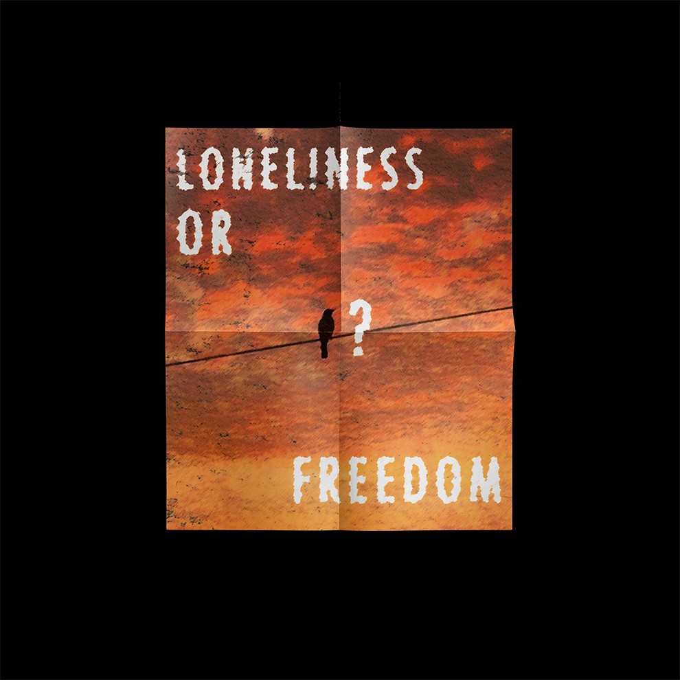Conceptual artwork showing a lone figure on a wire with the words “Loneliness or Freedom,” reflecting isolation and choice.