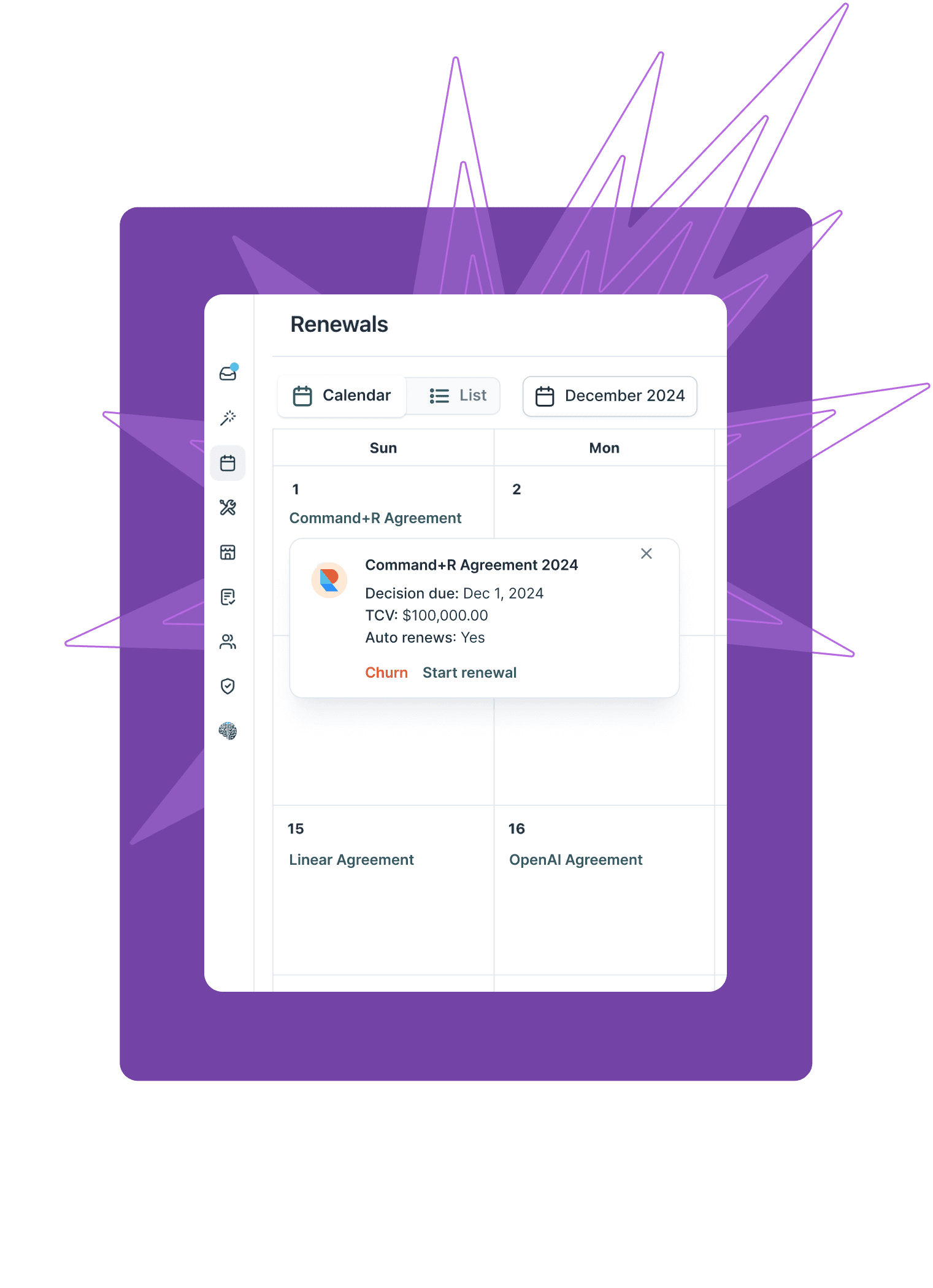 Renewal calendar with smart cancellation.