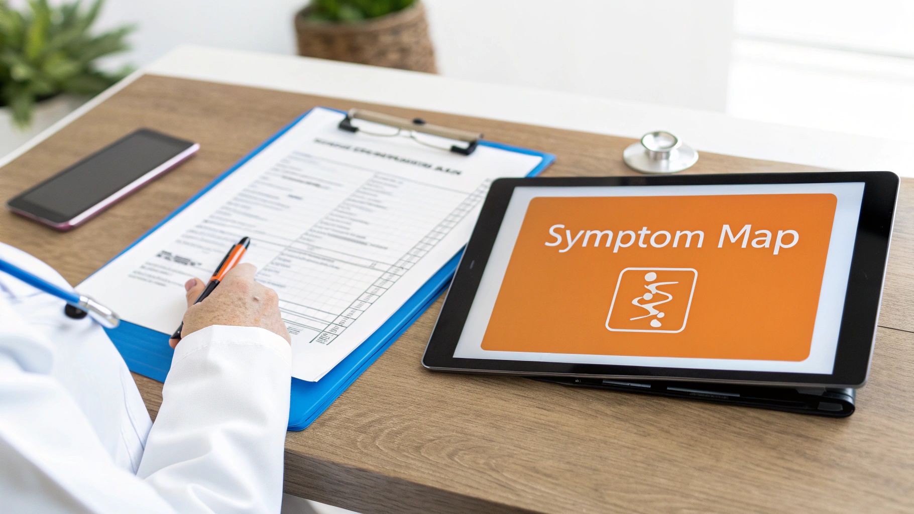 A doctor's hand points at a medical form next to a tablet showing 'Symptom Map' and a stethoscope.