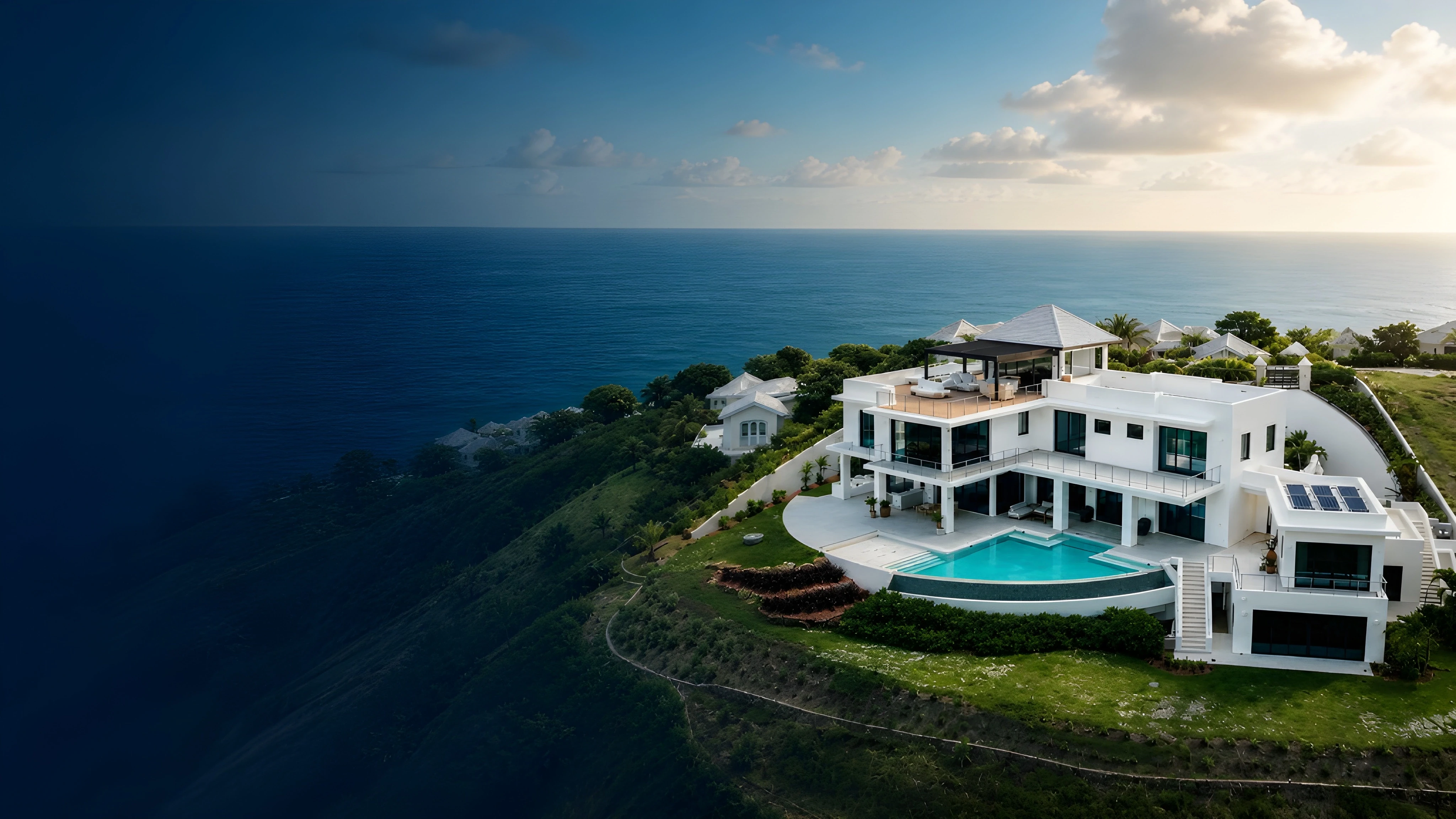 Aerial view of the Devaux Residence, a modern luxury home with infinity pool designed by Atelier International on a cliffside in Saint Lucia overlooking the Caribbean Sea