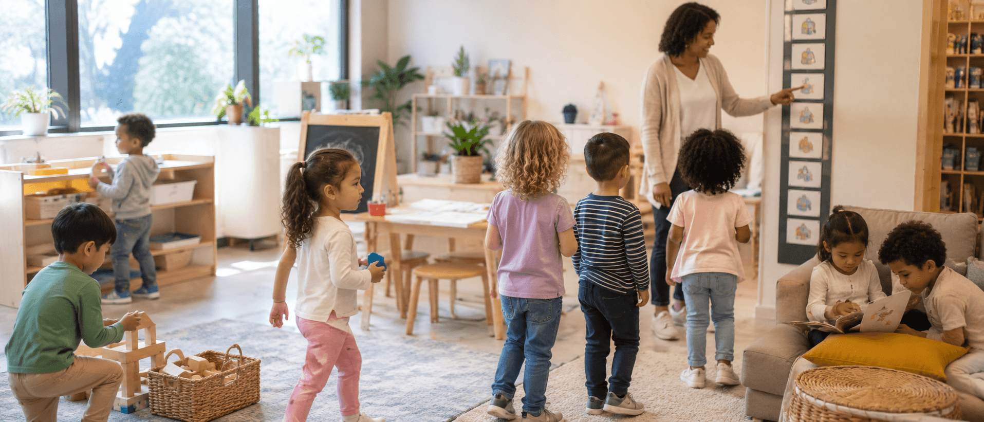 Young children in a daycare classroom moving through a calm transition routine with teacher guidance.