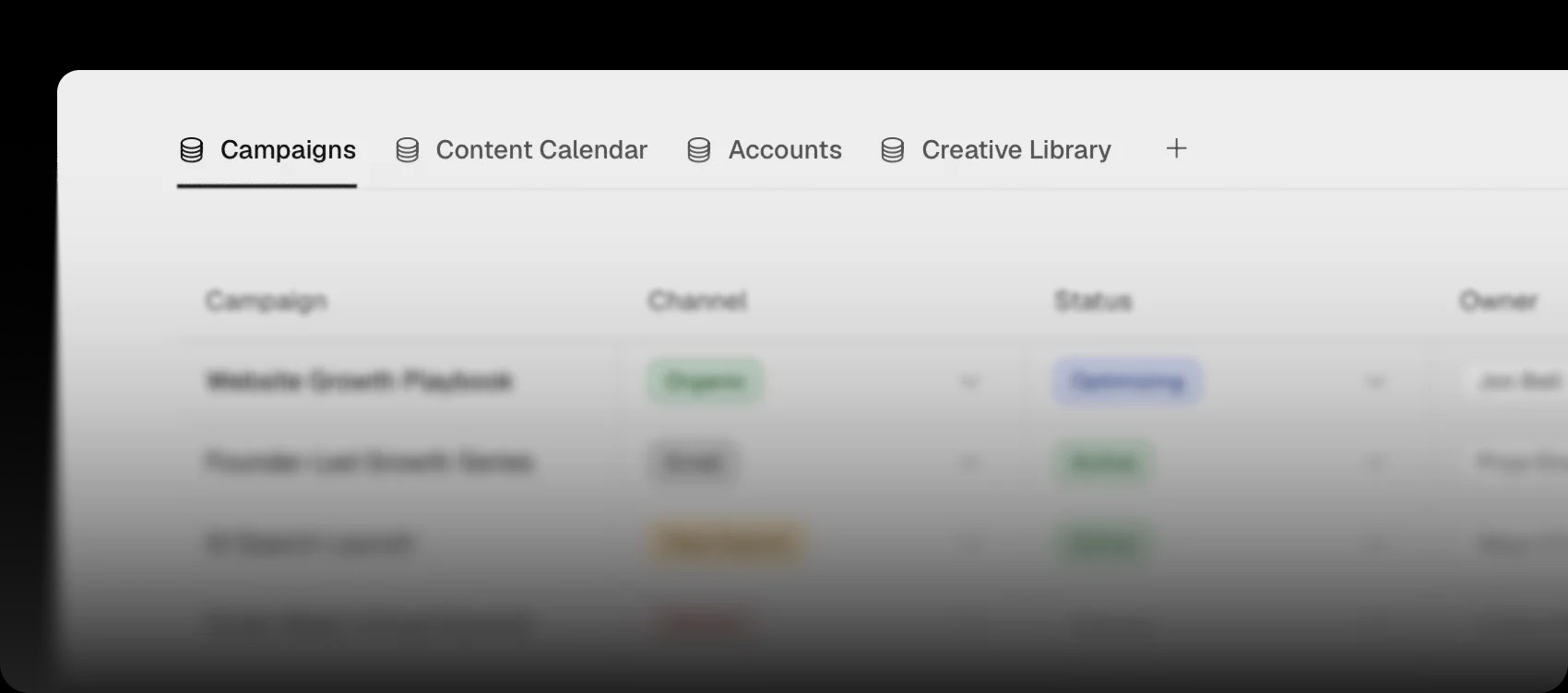 PloyDB with Campaigns, Content Calendar, Accounts and Creative Library datasets open as tabs above a campaign table