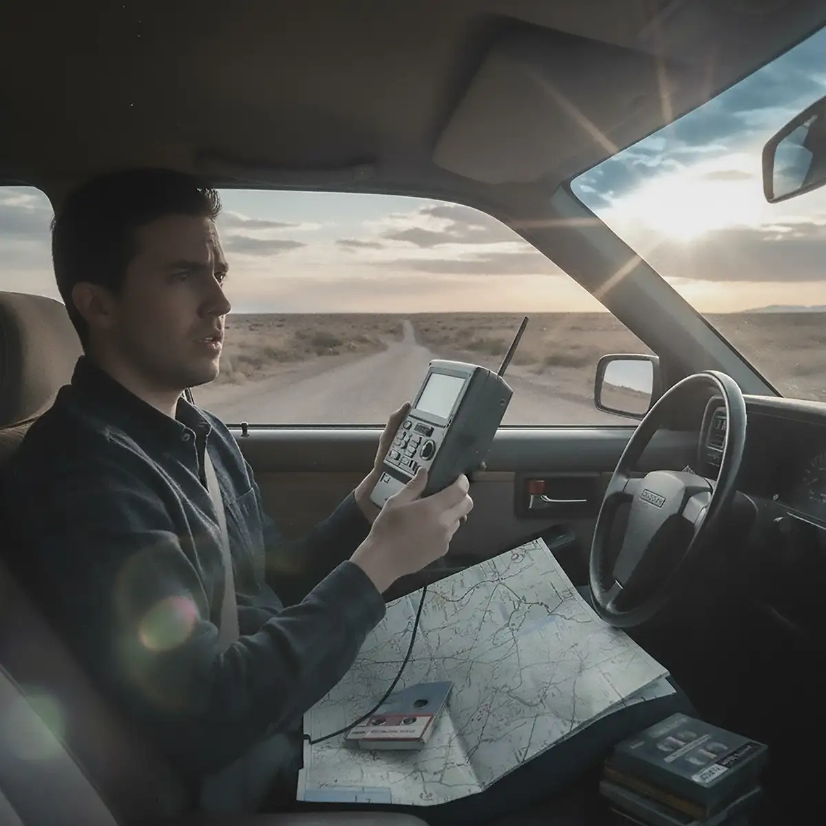 Photo of a driver lost in the desert, holding a GPS and with a map in his lap