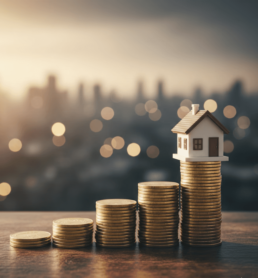 A small model house perched on top of several growing stacks of gold coins against a blurred city sunset.