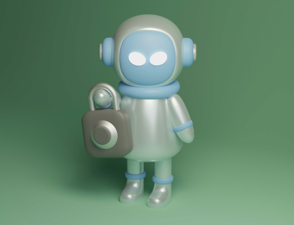 A 3D illustration of a cute robot holding a padlock, symbolizing cybersecurity and data protection in a modern, whimsical style against a green background.