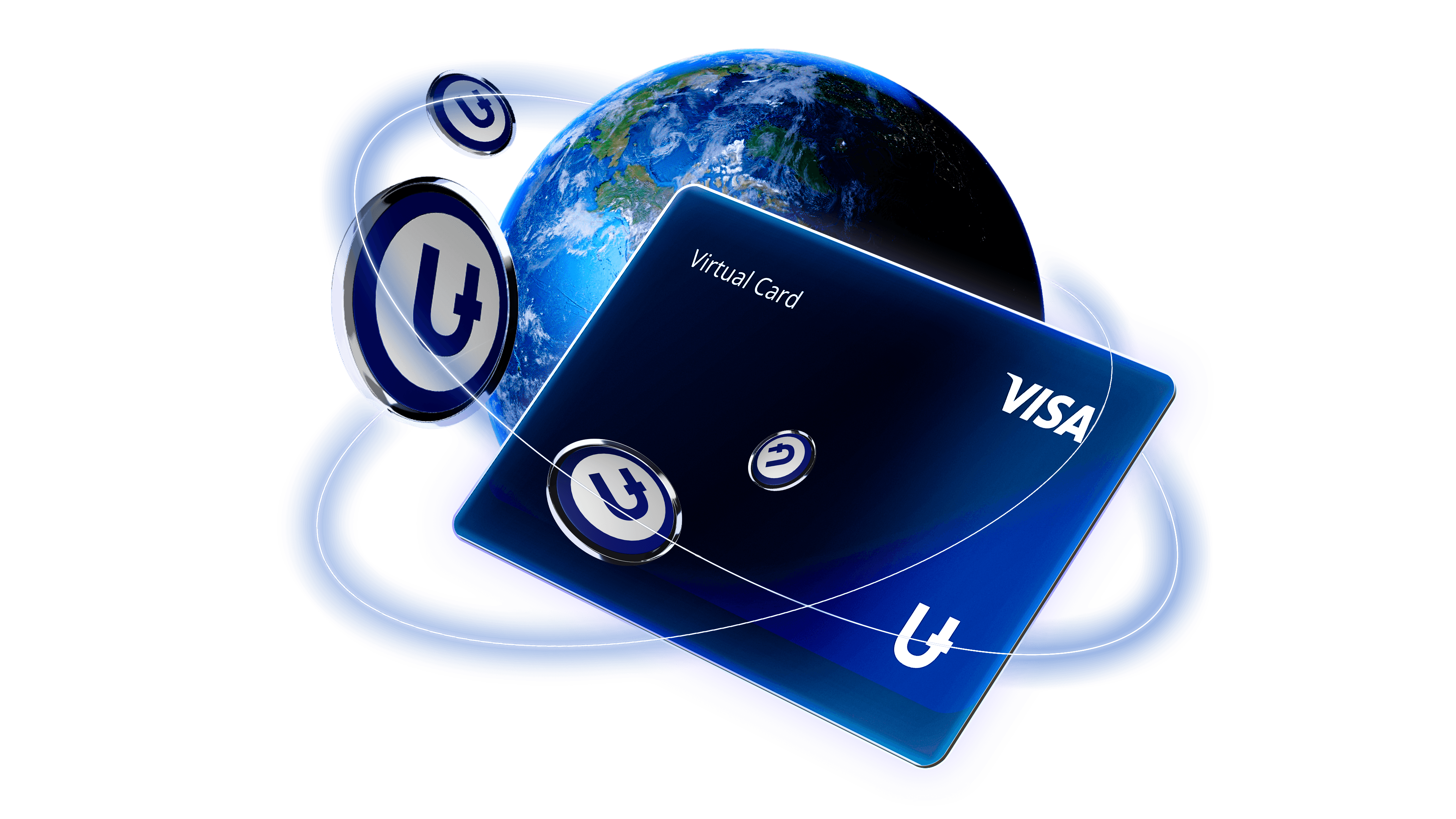 A 3D render of the U-topia platform's ecosystem, featuring a transparent safe with U-Coin tokens, a gamepad, a reward gift box, and the slogan "A U-topia built for you