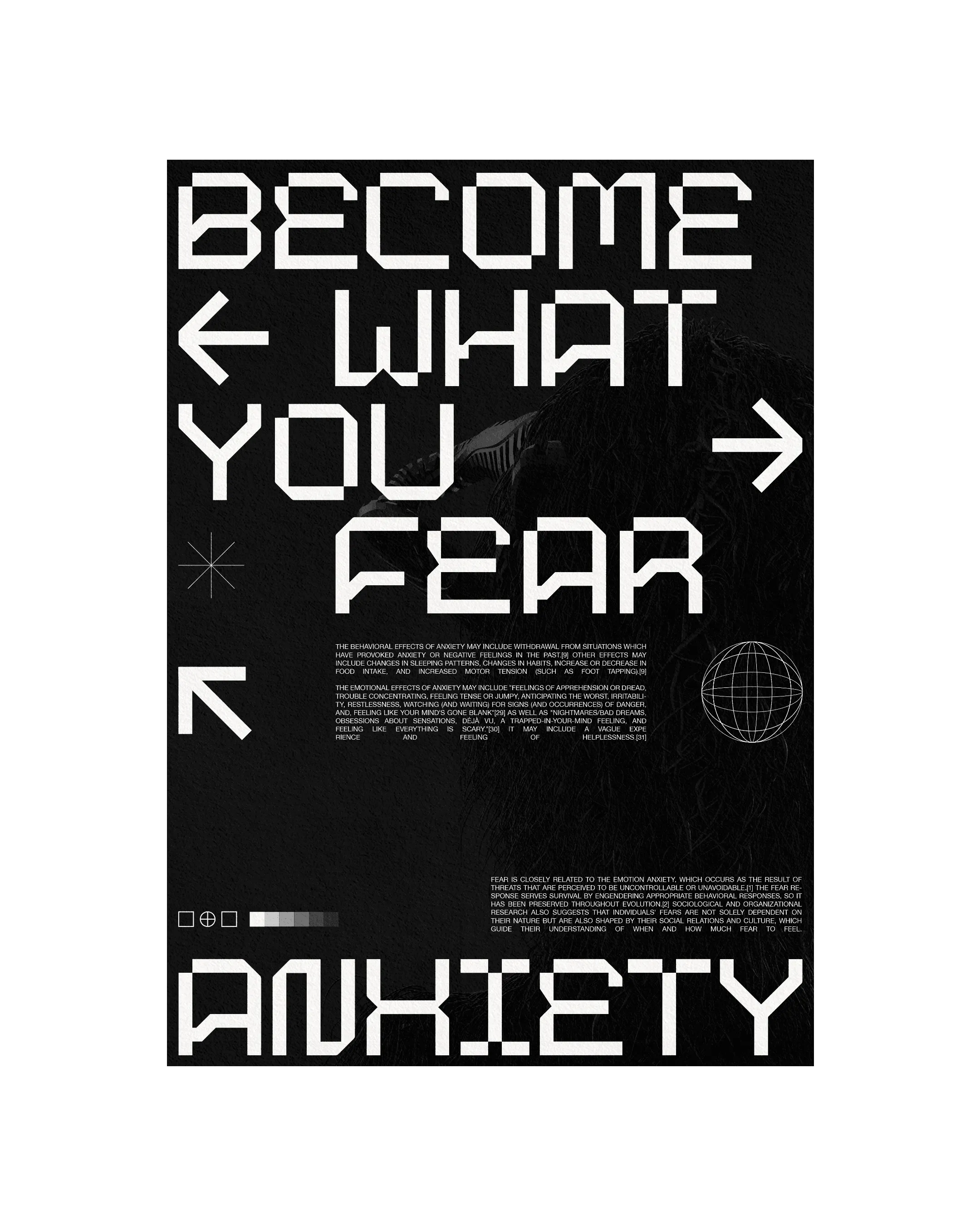 Poster with the words "Become What You Fear" and the word "Anxiety" in white font.