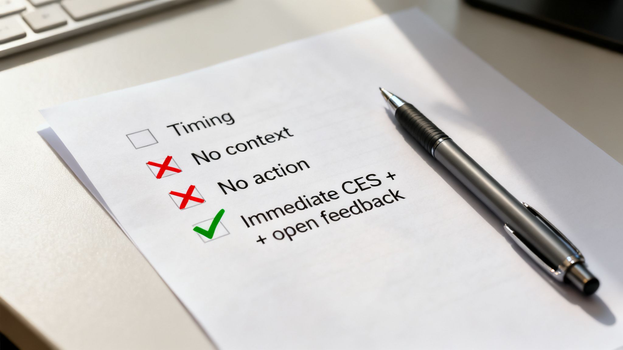 A checklist on paper shows 'Immediate CES + open feedback' checked green, with other options crossed out, next to a pen.
