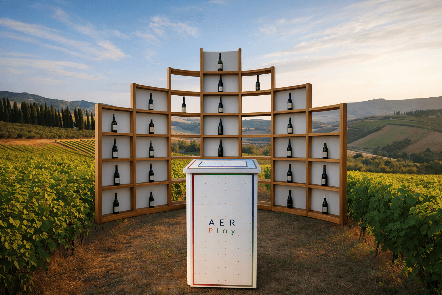 Masă de mixat interactivă AER by Rasova, amplasată în fața vitrinei cu sticle de vin, la apus