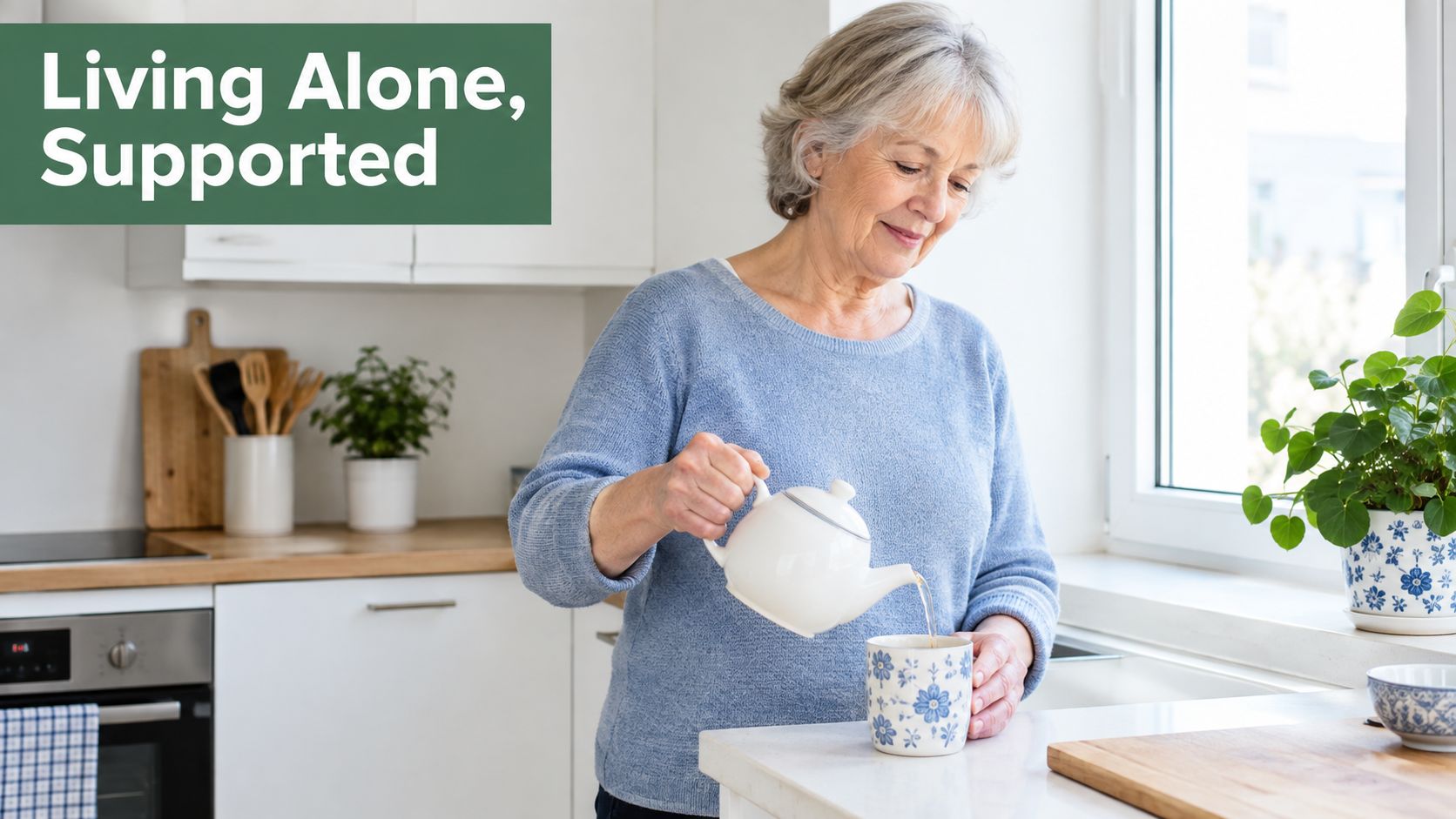 A smiling senior woman wearing a blue sweater pours tea from a teapot into a patterned mug.