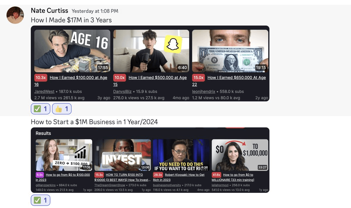 A screenshot of a YouTube feed with a post from "Nate Curtiss" titled "How I Made $17M in 3 Years" and three related video thumbnails. The thumbnails feature young people and titles like "How I Earned $100,000 at Age 16," "How I Earned $500,000 at Age 15," and "How I Earned $650,000 At Age 22." The feed also includes a section titled "How to Start a $1M Business in 1 Year/2024" with more video thumbnails featuring titles like "How to go from $0 to $100,000 in 2023," "HOW TO TURN $100 INTO $10000 (3 BEST WAYS)," "Robert Kiyosaki: How to Get Rich in 2023," and "How to go from 50 to 10 MILLIONAIRE." The videos feature young people and adults discussing business strategies and financial success.