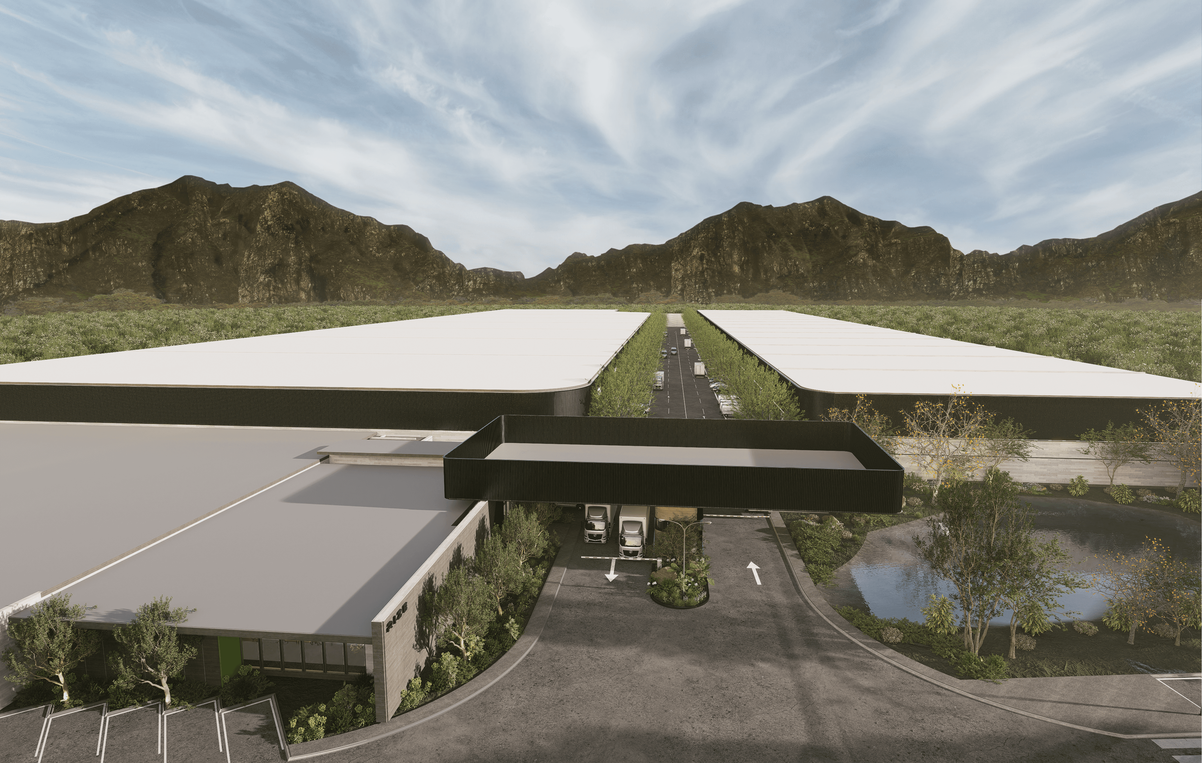 Rize industrial park entrance in guadalajara seen from above.