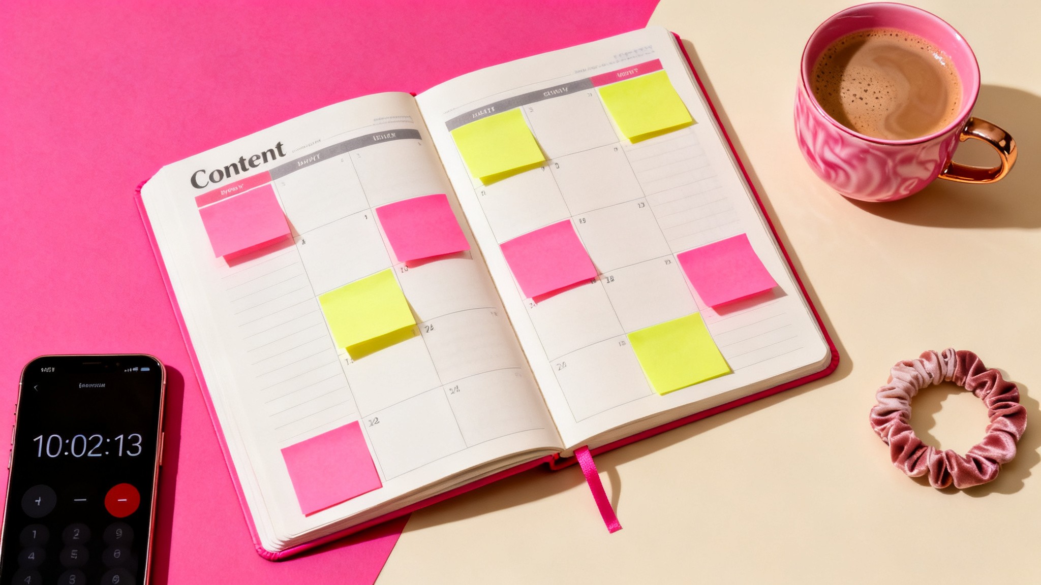 Editorial flat lay of a content calendar notebook open on a desk with sticky notes, a phone, and a styled cup of coffee, soft pink and cream tones