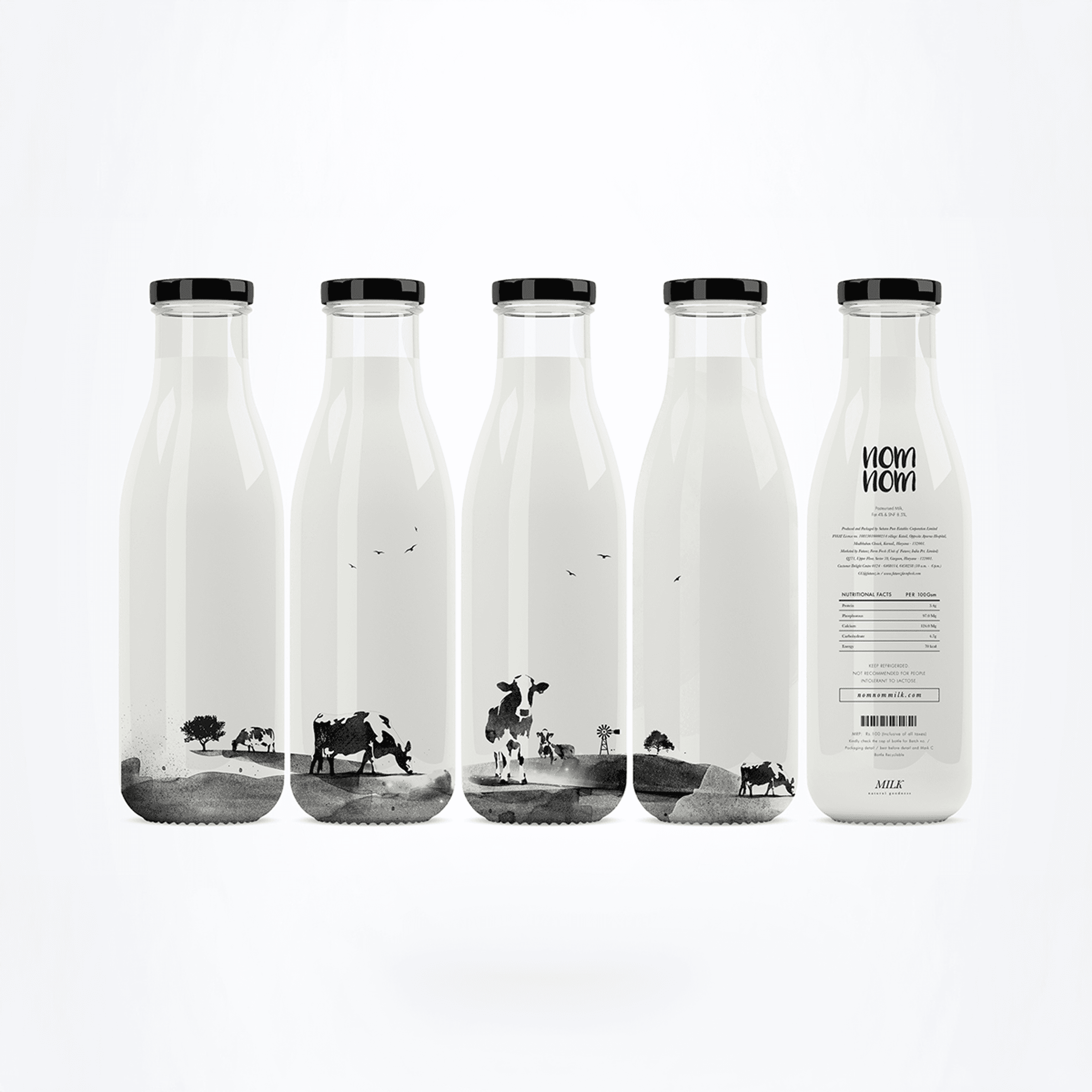 Nom Nom Milk bottle lineup with wraparound illustrated landscape across SKUs