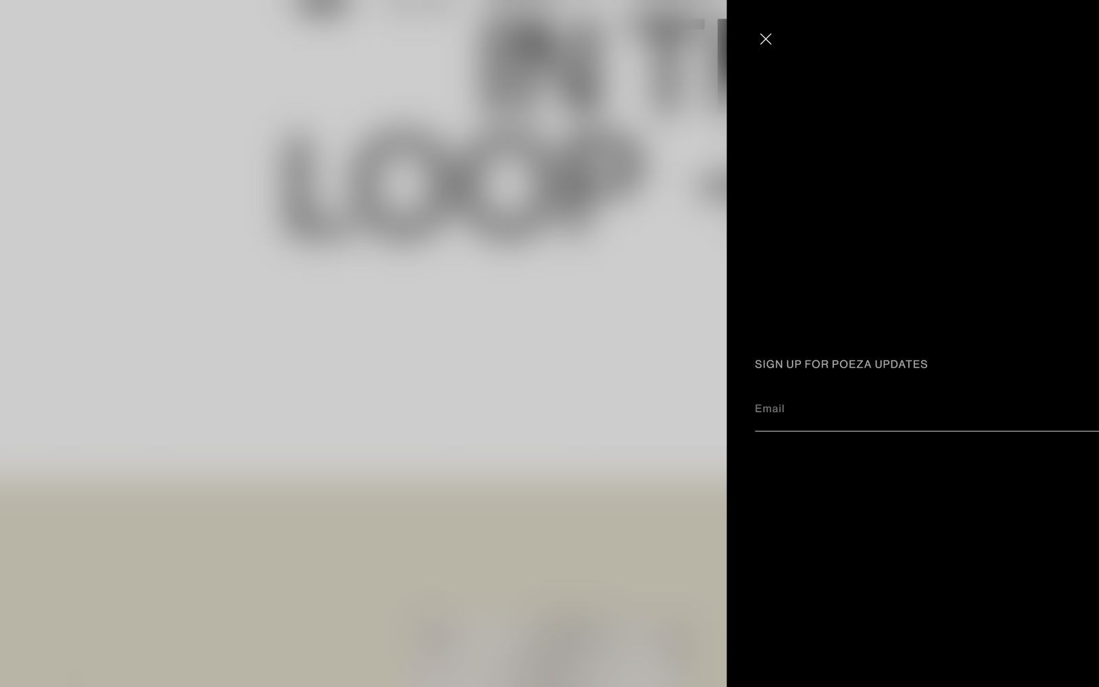 Black sidebar with text fields for email signup labeled "SIGN UP FOR POEZA UPDATES". Blurred background text.