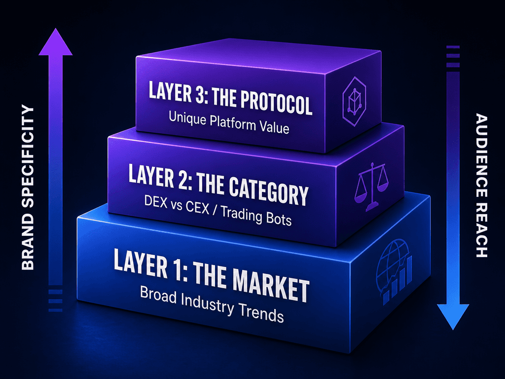 A 3-layer narrative stack diagram illustrating the relationship between Market, Category, and Protocol content levels for crypto platform marketing.