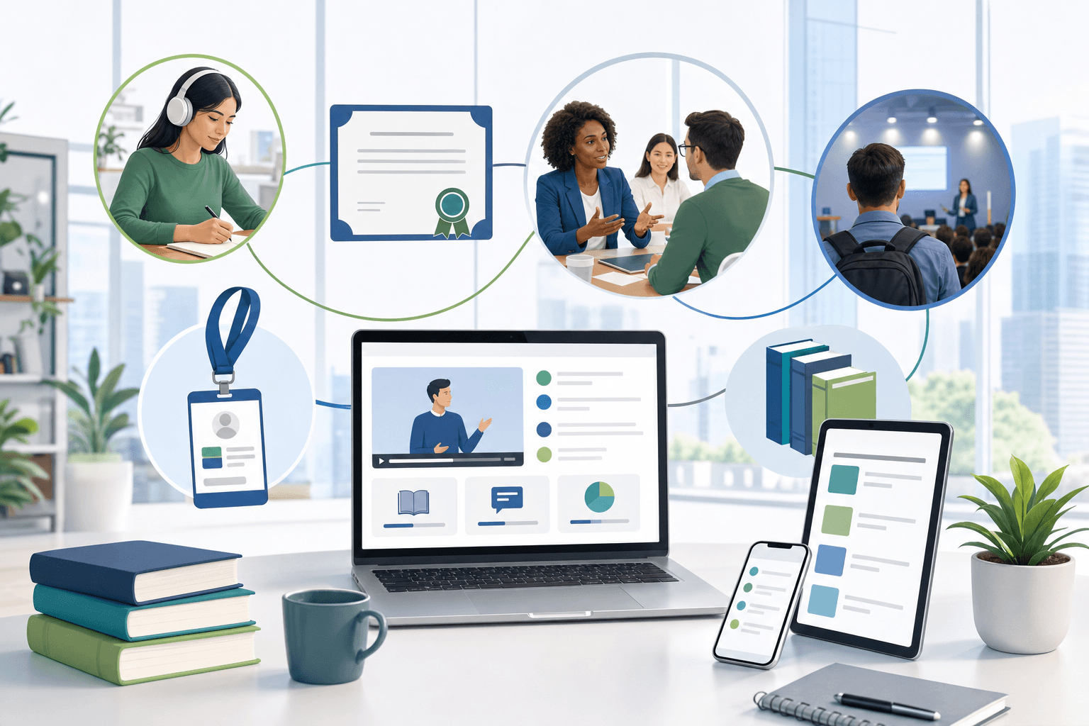 A modern, clean illustration showing diverse professional development formats and learning methods. Visual elements include a laptop displaying an online course interface, a certificate or credential document, people in a workshop or coaching session, a conference badge, and books or mobile devices for self-directed learning. Professional color palette with blues and greens, minimalist style, bright corporate setting with multiple learning pathways represented as interconnected elements in a contemporary workspace.